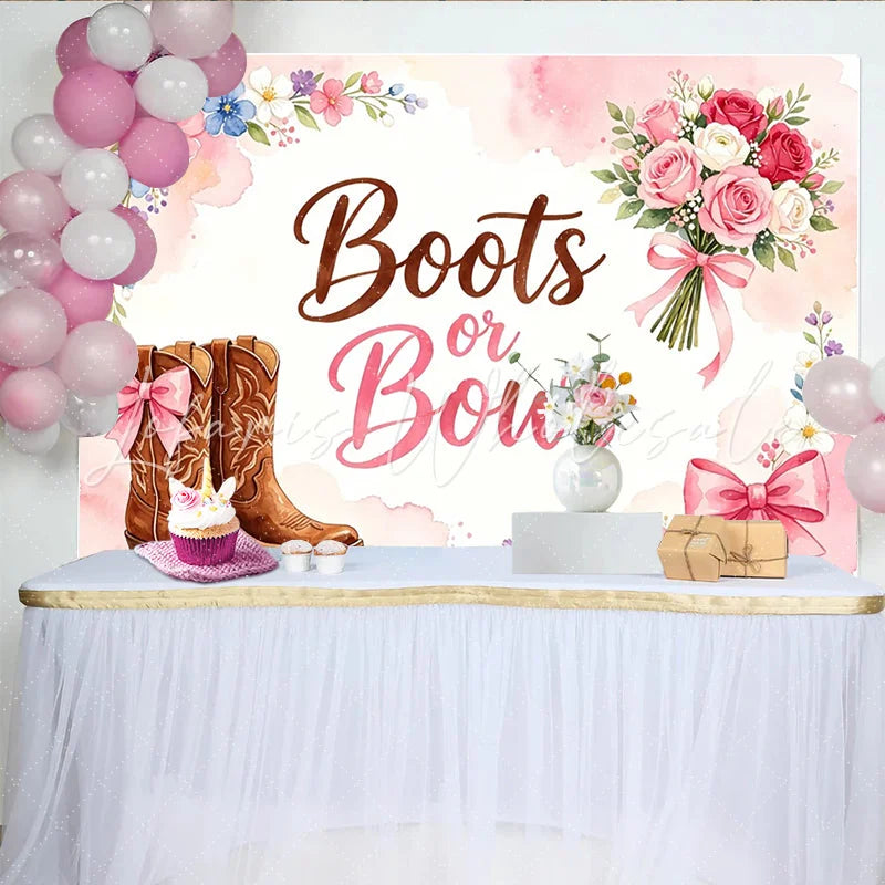 Lofaris Pink Boots or Bows Gender Reveal Baby Shower Backdrop with Cowboy Boots and Flowers Rustic Party Decor for Gender Reveal Photos