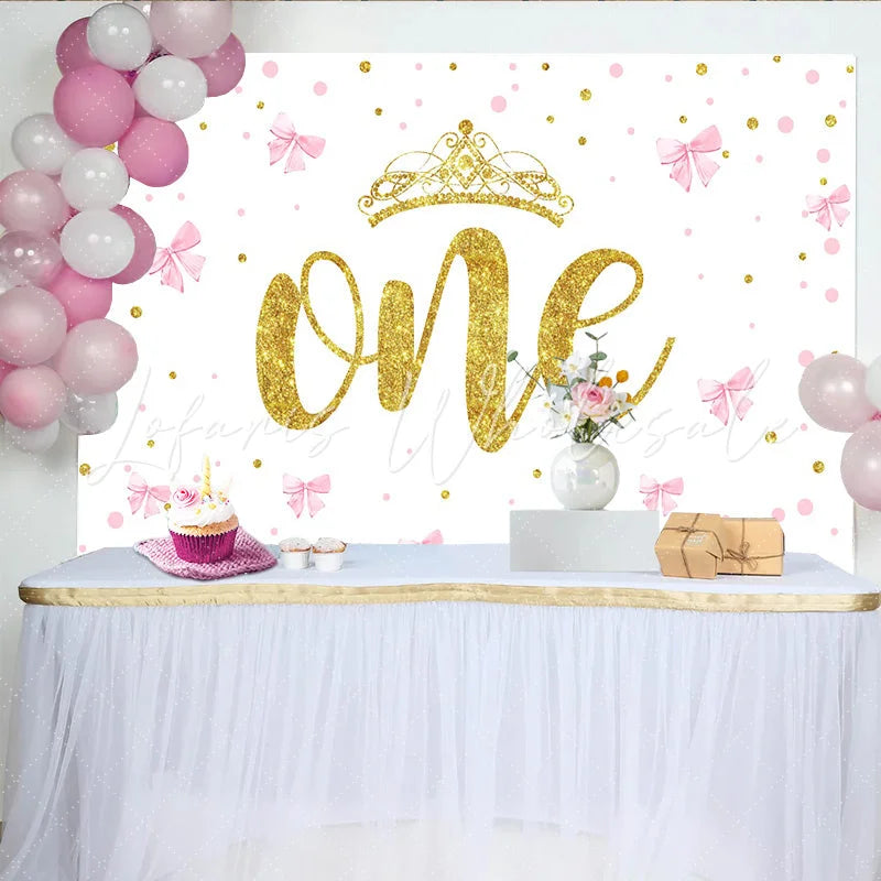 Lofaris Pink Bows and Gold Crown First Birthday Backdrop Glitter ONE Backdrop for Girl Party