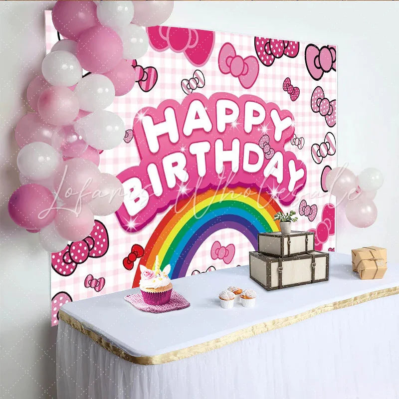 Lofaris Pink Bows and Rainbow Happy Birthday Party Backdrop Cute Girls Celebration Decor