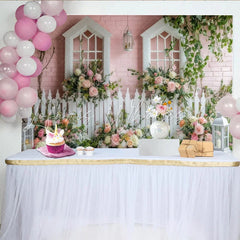 Lofaris Pink Brick Wall Floral Garden Photography Backdrop with White Windows and Roses Elegant Picket Fence Scene for Studio Photoshoot