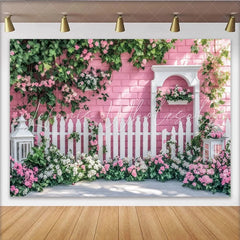 Lofaris Pink Brick Wall Garden Photography Backdrop with White Picket Fence Charming Spring Photo Background for Studio and Party Decor