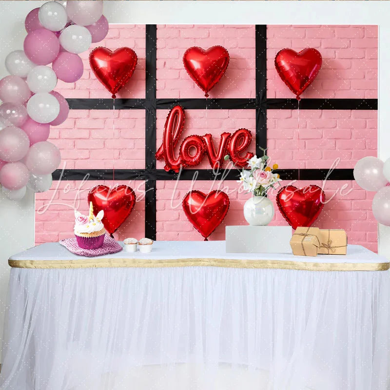 Lofaris Pink Brick Wall with Red Heart and LOVE Balloons Party Backdrop Valentine’s Day Romantic Celebration Decor