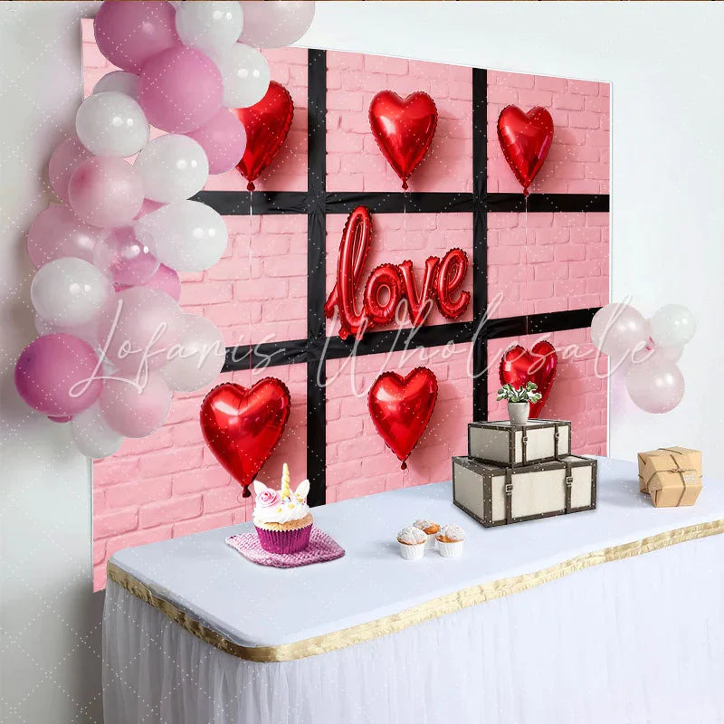 Lofaris Pink Brick Wall with Red Heart and LOVE Balloons Party Backdrop Valentine’s Day Romantic Celebration Decor