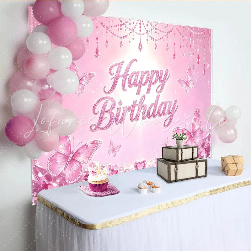 Lofaris Pink Butterfly Glitter Birthday Backdrop for Girls Princess Party Sparkling Crystal Party Decor for Photoshoot and Celebration