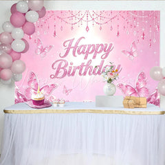 Lofaris Pink Butterfly Glitter Birthday Backdrop for Girls Princess Party Sparkling Crystal Party Decor for Photoshoot and Celebration