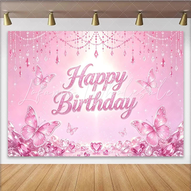 Lofaris Pink Butterfly Glitter Birthday Backdrop for Girls Princess Party Sparkling Crystal Party Decor for Photoshoot and Celebration