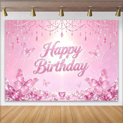 Lofaris Pink Butterfly Glitter Birthday Backdrop for Girls Princess Party Sparkling Crystal Party Decor for Photoshoot and Celebration