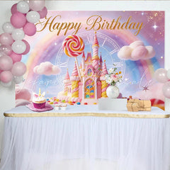 Lofaris Pink Candy Land Birthday Backdrop with Fairytale Castle and Rainbow Magical Photo Background for Girls Party Decoration