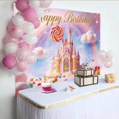 Lofaris Pink Candy Land Birthday Backdrop with Fairytale Castle and Rainbow Magical Photo Background for Girls Party Decoration