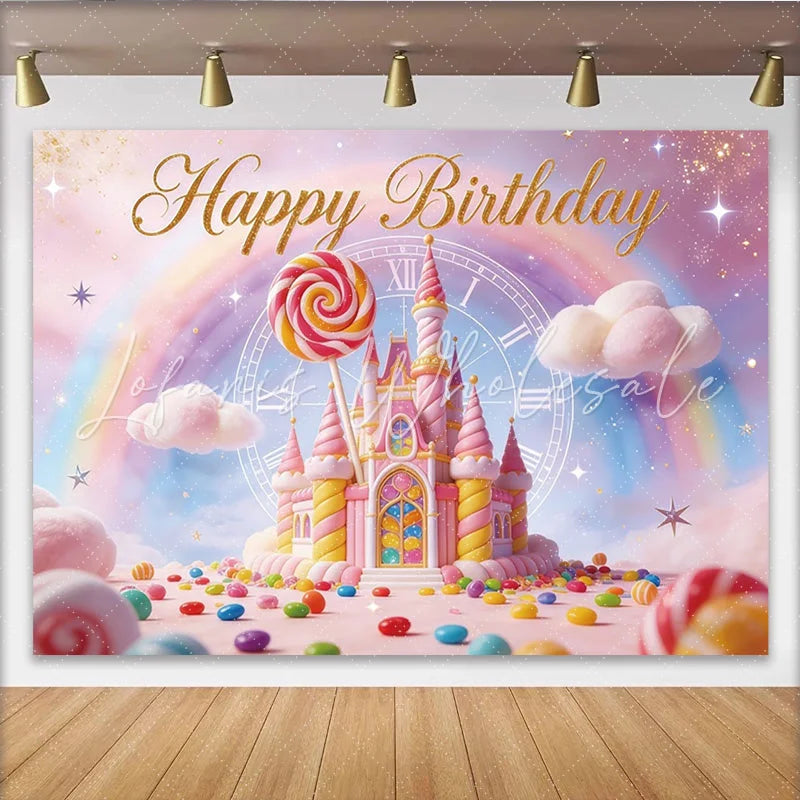 Lofaris Pink Candy Land Birthday Backdrop with Fairytale Castle and Rainbow Magical Photo Background for Girls Party Decoration