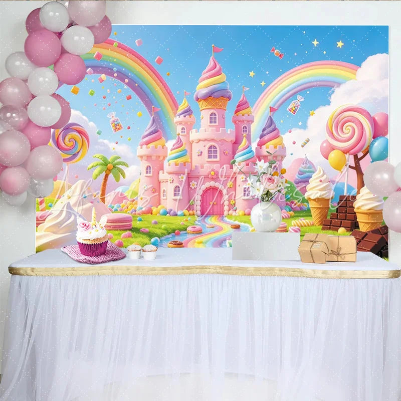 Lofaris Pink Candy Land Castle Birthday Backdrop with Rainbow and Sweet Treats Whimsical Photo Background for Kids Party Decor