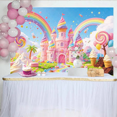 Lofaris Pink Candy Land Castle Birthday Backdrop with Rainbow and Sweet Treats Whimsical Photo Background for Kids Party Decor