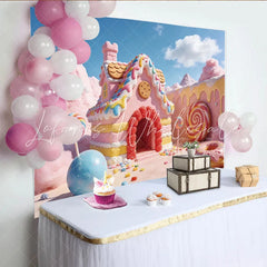 Lofaris Pink Candy Land Photography Backdrop with Gingerbread House and Lollipops Sweet Fantasy Dessert Background for Kids Photoshoot