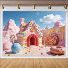 Lofaris Pink Candy Land Photography Backdrop with Gingerbread House and Lollipops Sweet Fantasy Dessert Background for Kids Photoshoot