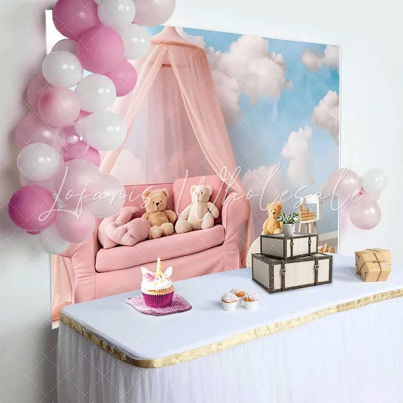 Lofaris Pink Canopy Sofa Teddy Bear Cake Smash Backdrop Blue Sky White Clouds Baby Girl Photography Background