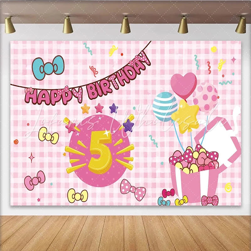 Lofaris Pink Cartoon 5th Birthday Backdrop with Bows and Balloons Festive Party Background for Girls Photoshoot and Decoration