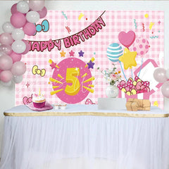 Lofaris Pink Cartoon 5th Birthday Backdrop with Bows and Balloons Festive Party Background for Girls Photoshoot and Decoration