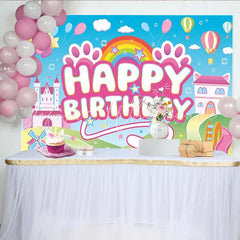 Lofaris Pink Cartoon Birthday Backdrop with Castle and Rainbow for Girls Cute Animal Paw Print Photography Background for Kids Party