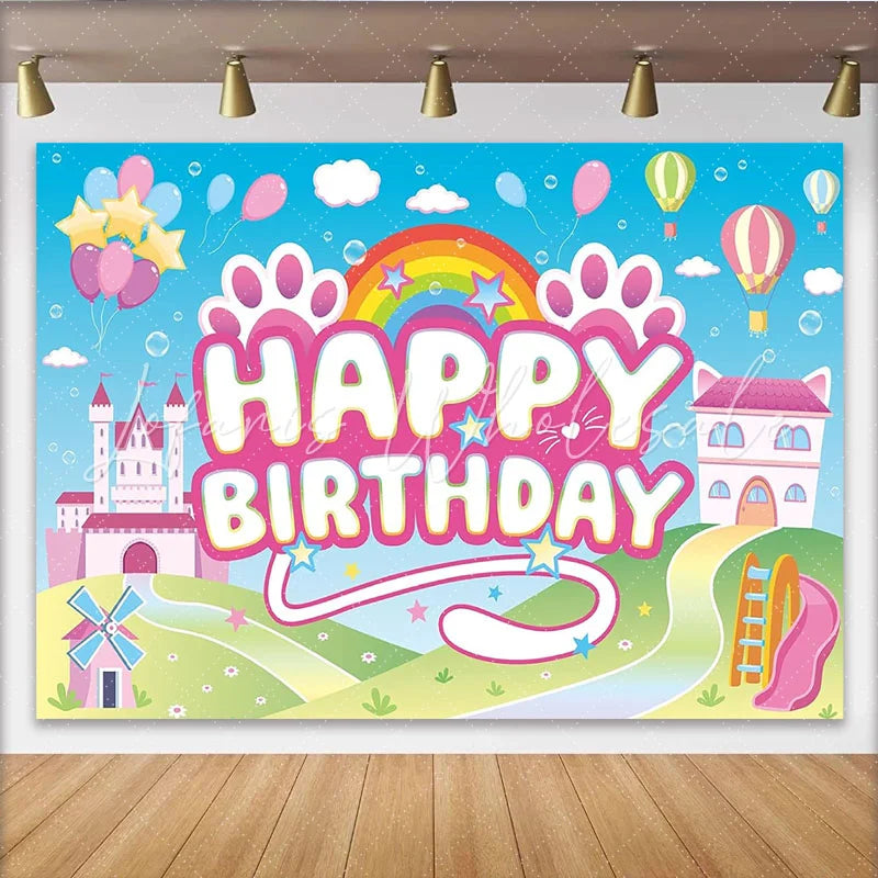 Lofaris Pink Cartoon Birthday Backdrop with Castle and Rainbow for Girls Cute Animal Paw Print Photography Background for Kids Party