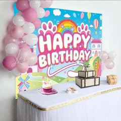 Lofaris Pink Cartoon Birthday Backdrop with Castle and Rainbow for Girls Cute Animal Paw Print Photography Background for Kids Party