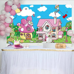 Lofaris Pink Cartoon Birthday Backdrop with Mushroom House and Bows Whimsical Landscape Background for Kids Party Decoration