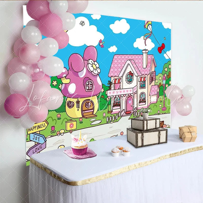 Lofaris Pink Cartoon Birthday Backdrop with Mushroom House and Bows Whimsical Landscape Background for Kids Party Decoration