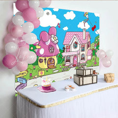 Lofaris Pink Cartoon Birthday Backdrop with Mushroom House and Bows Whimsical Landscape Background for Kids Party Decoration