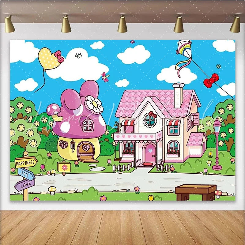 Lofaris Pink Cartoon Birthday Backdrop with Mushroom House and Bows Whimsical Landscape Background for Kids Party Decoration