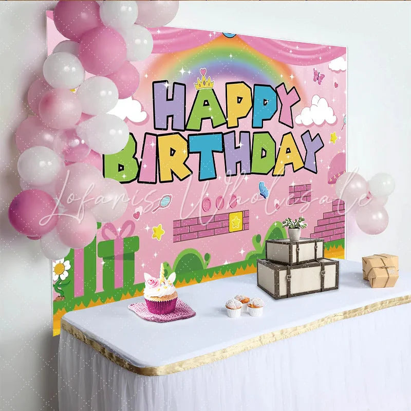 Lofaris Pink Cartoon Birthday Backdrop with Rainbow and Game Elements Colorful Party Background for Kids Celebration