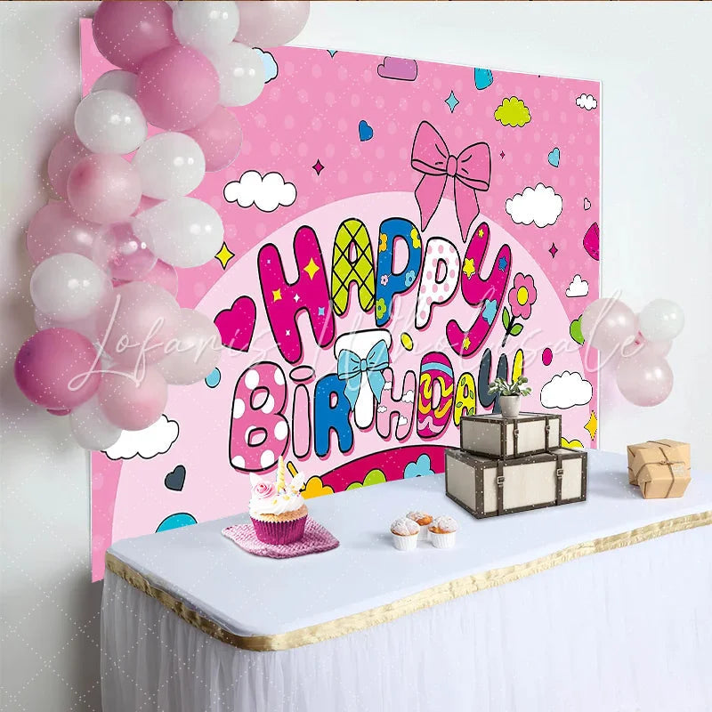 Lofaris Pink Cartoon Happy Birthday Backdrop for Girls Party with Colorful Bows and Stars Cute Photo Booth Background Decor