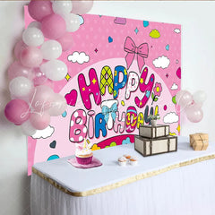 Lofaris Pink Cartoon Happy Birthday Backdrop for Girls Party with Colorful Bows and Stars Cute Photo Booth Background Decor