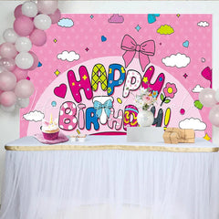 Lofaris Pink Cartoon Happy Birthday Backdrop for Girls Party with Colorful Bows and Stars Cute Photo Booth Background Decor