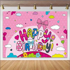 Lofaris Pink Cartoon Happy Birthday Backdrop for Girls Party with Colorful Bows and Stars Cute Photo Booth Background Decor