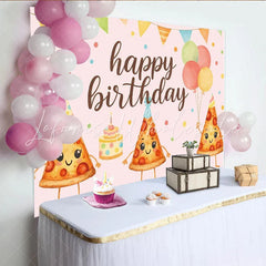 Lofaris Pink Cartoon Pizza Birthday Backdrop with Party Hats and Balloons Happy Birthday Party Decor for Kids Photoshoot