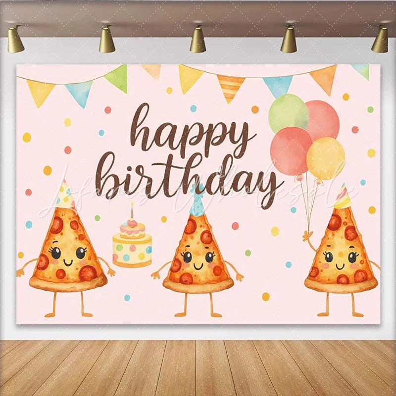 Lofaris Pink Cartoon Pizza Birthday Backdrop with Party Hats and Balloons Happy Birthday Party Decor for Kids Photoshoot