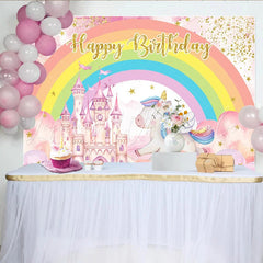 Lofaris Pink Castle Unicorn Backdrop Rainbow and Gold Stars Magic Kingdom Photography Background for Girls Birthday