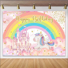 Lofaris Pink Castle Unicorn Backdrop Rainbow and Gold Stars Magic Kingdom Photography Background for Girls Birthday