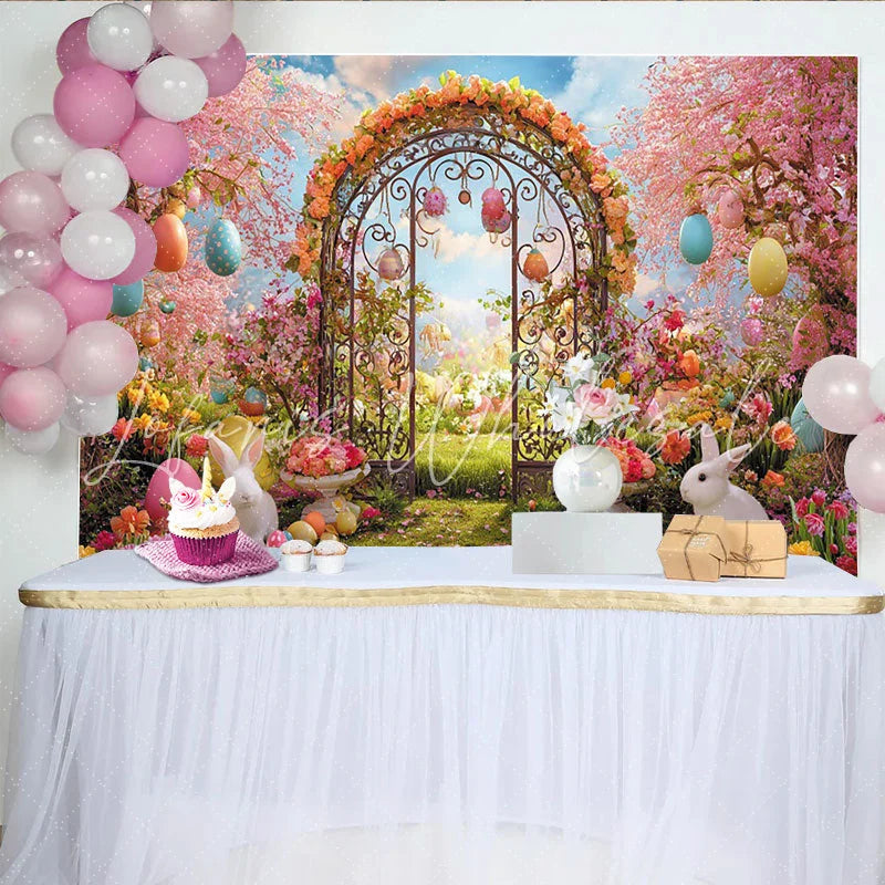 Lofaris Pink Cherry Blossom Easter Backdrop with Colorful Eggs Rabbits and Spring Garden Archway Background for Holiday Photoshoot