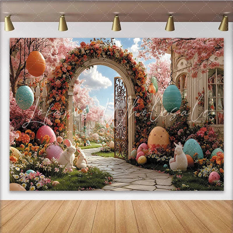 Lofaris Pink Cherry Blossom Easter Backdrop with Colorful Eggs Spring Garden Photography Background for Holiday Party Decor