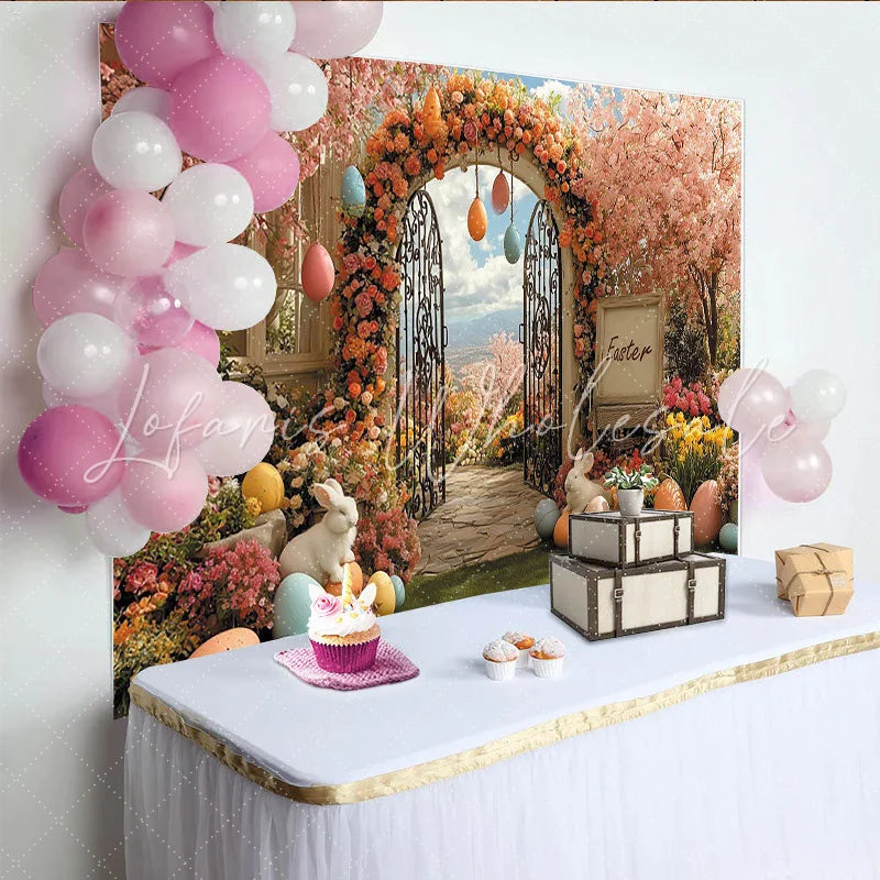 Lofaris Pink Cherry Blossom Easter Backdrop with Floral Arch Spring Garden Photo Background for Holiday Party Decoration