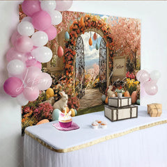 Lofaris Pink Cherry Blossom Easter Backdrop with Floral Arch Spring Garden Photo Background for Holiday Party Decoration