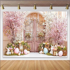 Lofaris Pink Cherry Blossom Easter Backdrop with Ornate Gate Pastel Eggs and Bunnies for Spring Garden Party Decor