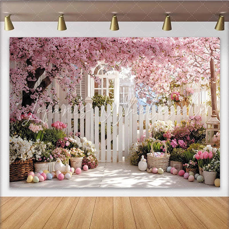 Lofaris Pink Cherry Blossom Easter Backdrop with Picket Fence and Spring Flowers Pastel Eggs Photography Holiday Decor