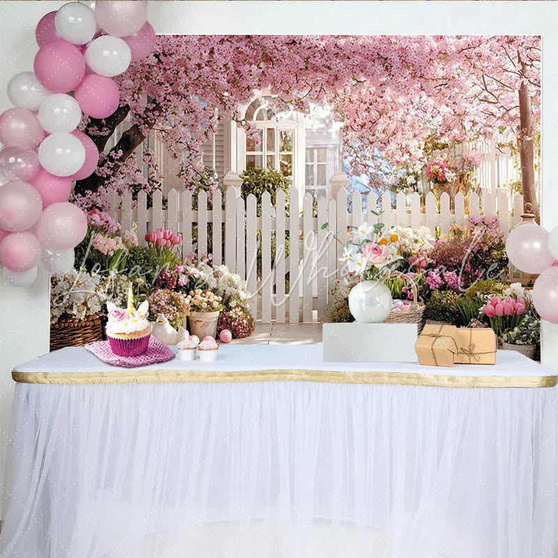 Lofaris Pink Cherry Blossom Easter Backdrop with Picket Fence and Spring Flowers Pastel Eggs Photography Holiday Decor