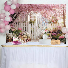 Lofaris Pink Cherry Blossom Easter Backdrop with Picket Fence and Spring Flowers Pastel Eggs Photography Holiday Decor