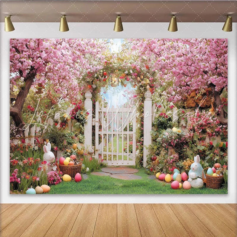 Lofaris Pink Cherry Blossom Easter Spring Garden Backdrop White Picket Fence with Colorful Eggs Party Decor