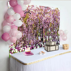 Lofaris Pink Cherry Blossom Floral Photography Backdrop with Tulips Beautiful Spring Garden Background for Studio Portrait