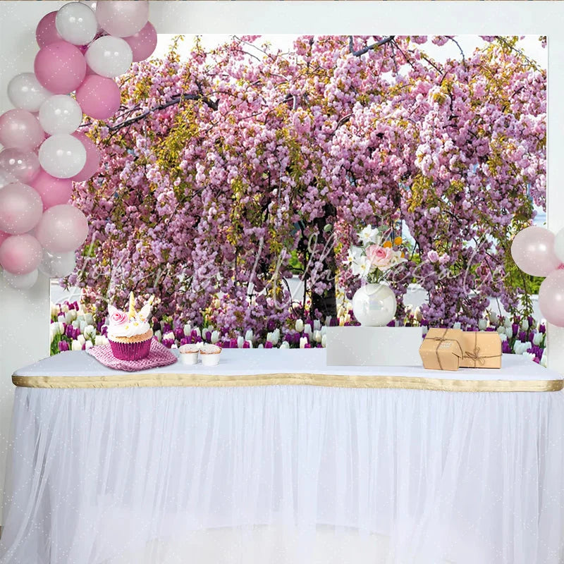 Lofaris Pink Cherry Blossom Floral Photography Backdrop with Tulips Beautiful Spring Garden Background for Studio Portrait