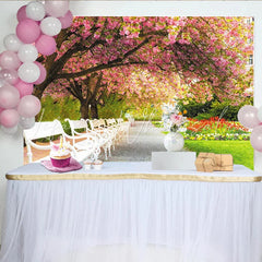 Lofaris Pink Cherry Blossom Park Photography Backdrop with White Benches Beautiful Spring Garden Background for Photoshoot and Event Decor