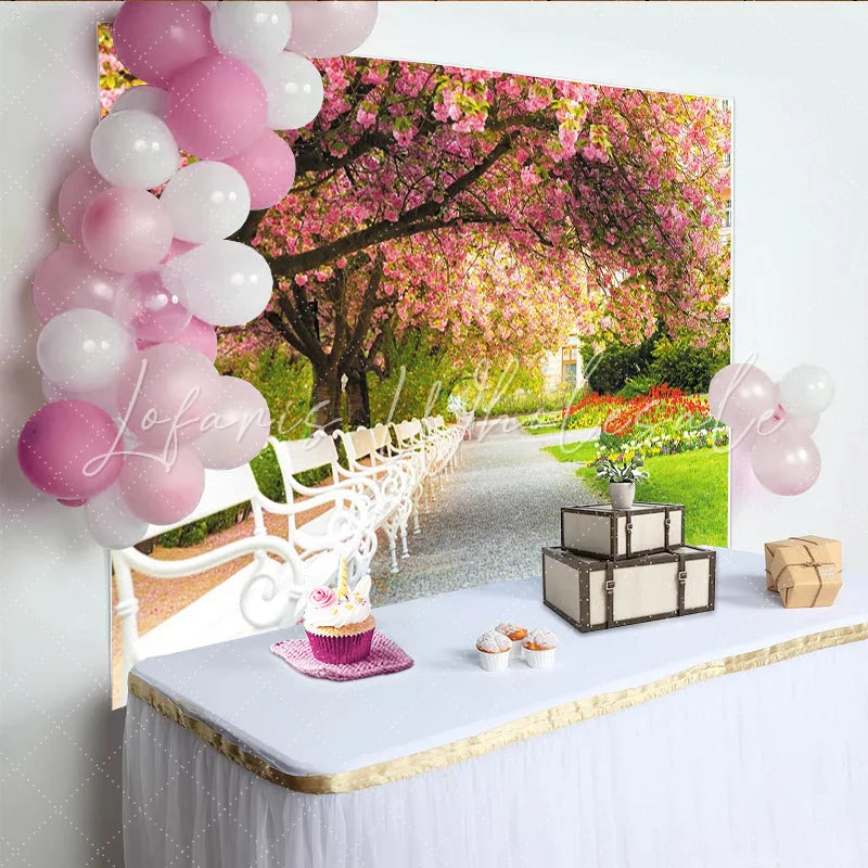 Lofaris Pink Cherry Blossom Park Photography Backdrop with White Benches Beautiful Spring Garden Background for Photoshoot and Event Decor
